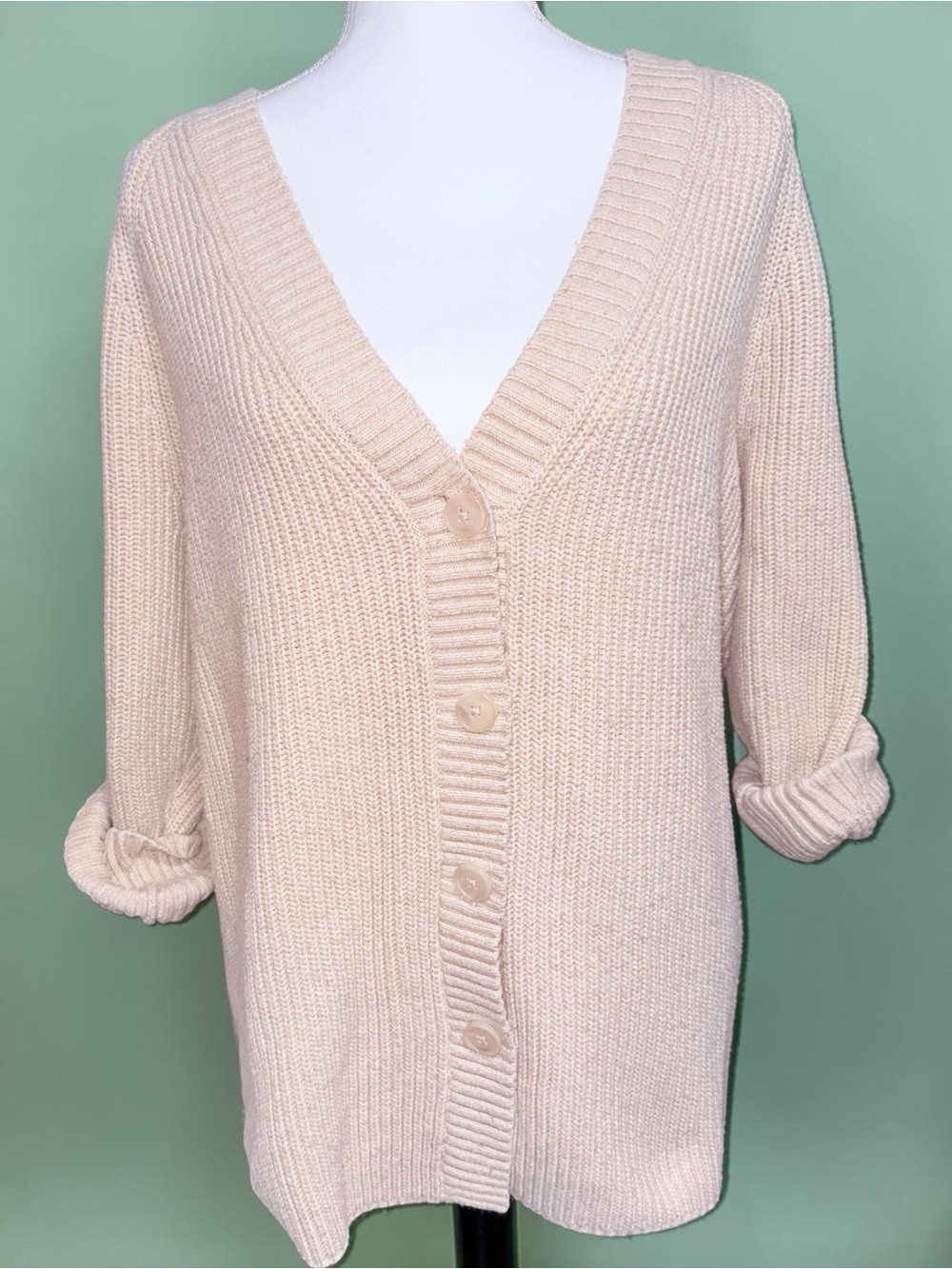 Express Cream Long Cable Knit Cardigan with Deep V Neck Line